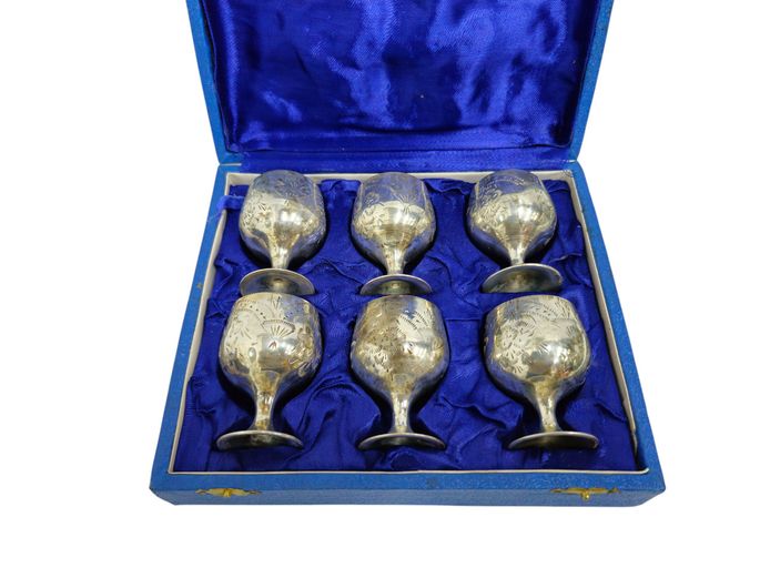 Vintage Cased Set of Etched EPNS Goblets