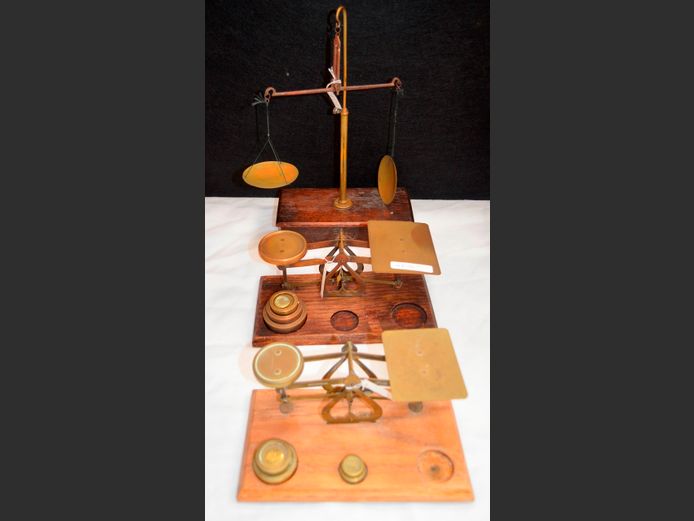 LOT: 2 x VINTAGE BRASS LETTER SCALES & ANOTHER [Some weights needed]