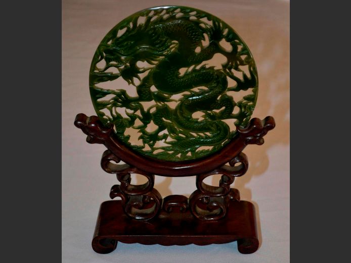 JADE DRAGON PLAQUE ON CARVED STAND, 22cm High [Incl. stand]
