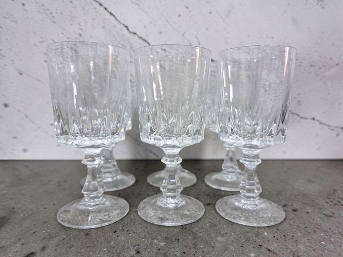 Vintage Criss-Cross Cut Crystal Wine Goblets - Set of 6