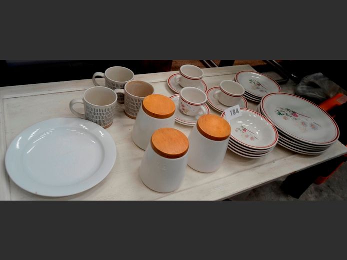 STONEWARE PART DINNER SET, CERAMIC CANISTERS, etc
