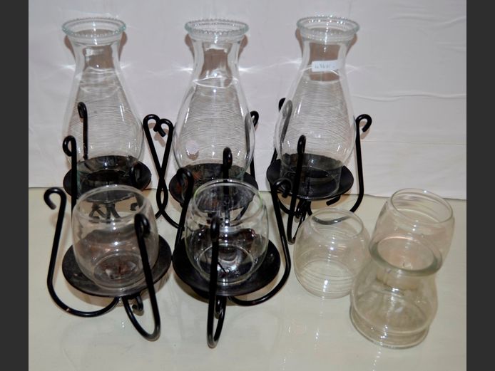 METAL CANDLE STANDS WITH GLASS SHADES, etc