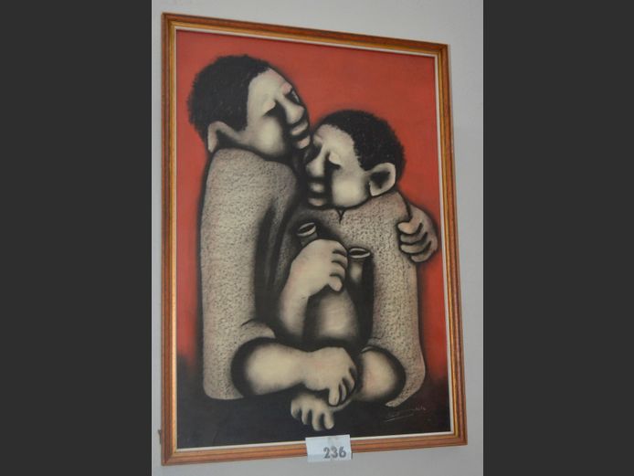 FRAMED CHARCOAL "MOTHER & CHILD" SIGNED DAVID MBELE, 62.5 x 44cm