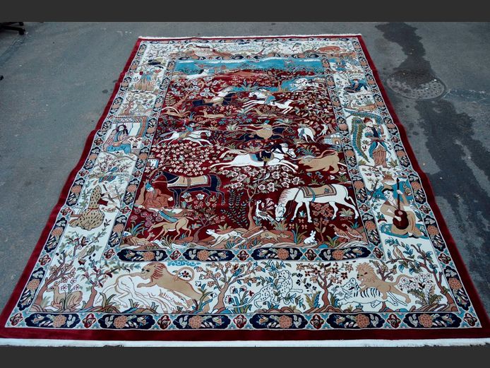 NAIN BURGUNDY, BEIGE & BLUE PERSIAN CARPET, 300 x 400cm