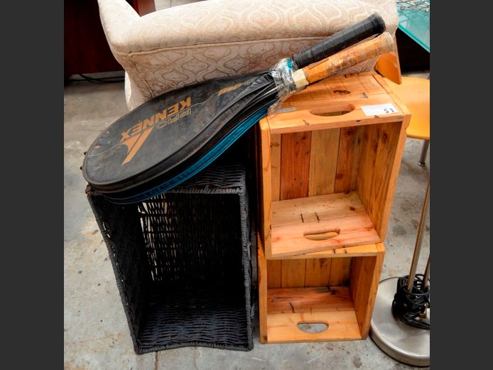 LOT: 2 x WOODEN CRATES, 40 x 32 x 19cm, & WOVEN SEAGRASS BASKETS & TENNIS RACQUETS