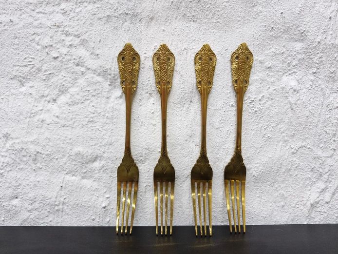 Vintage Set of 4 Ornate Gold-Electroplated Dinner Forks