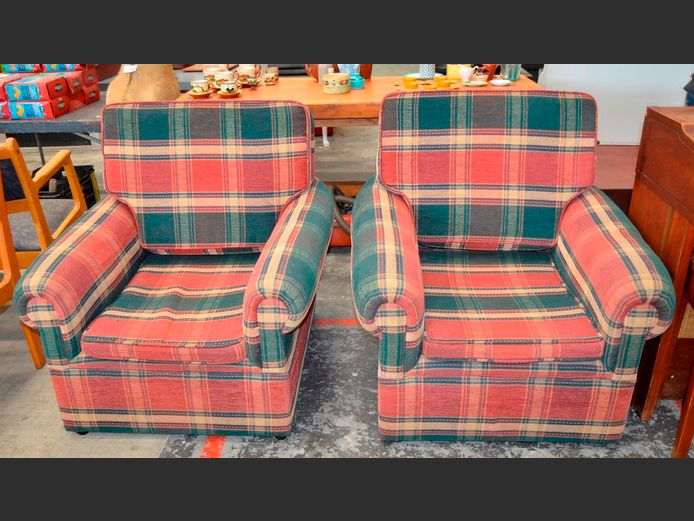 PAIR MULTI-COLOURED UPHOLSTERED ARMCHAIRS