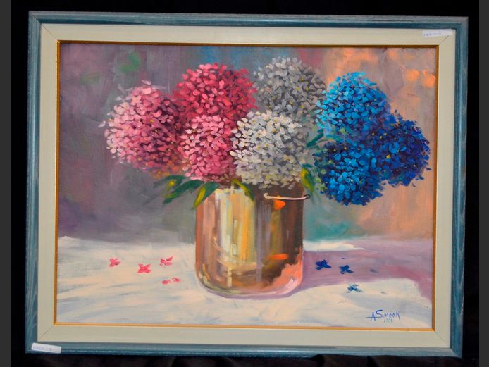 FRAMED OIL ON BOARD "HYDRANGEAS" SIGNED A. SMOOK 1994, 59 x 44cm