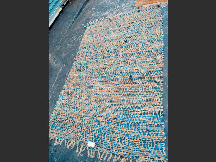 BEIGE & BLUE WOVEN RUG, 200 x 126cm