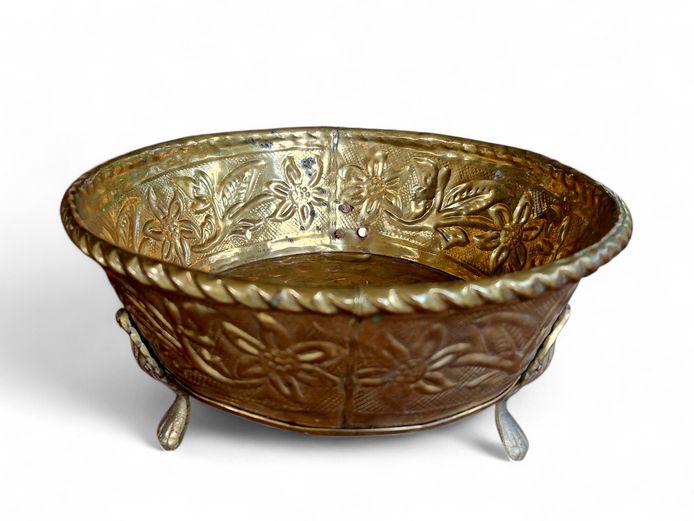 Vintage High-Relief Embossed Brass Footed Centrepiece Bowl