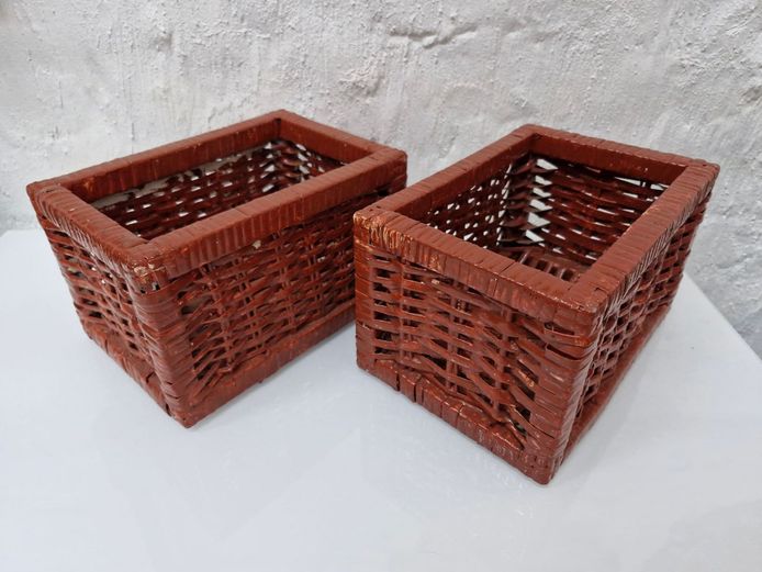 Vintage Brown Woven Wicker Storage Baskets - Rectangular Organizer Bins