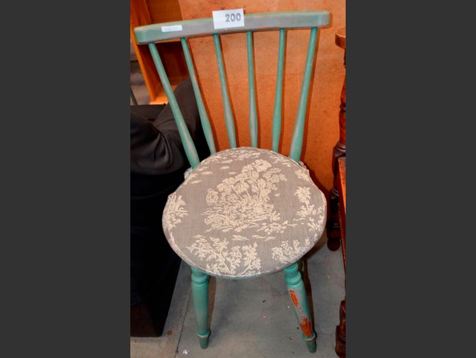 GREEN PAINTED SPINDLE BACK KITCHEN CHAIR WITH CUSHION