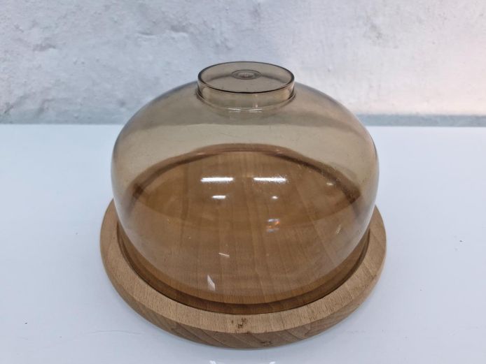Retro 1970s Mini Cheese Board – Smoked Amber Dome & Round Wooden Base