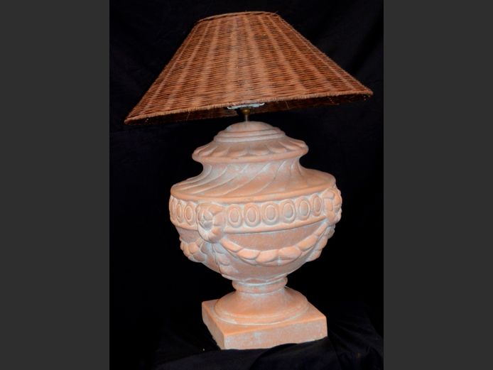 TERRACOTTA TABLE LAMP WITH WICKER SHADE, 80cm High [Shade holder cross threaded]