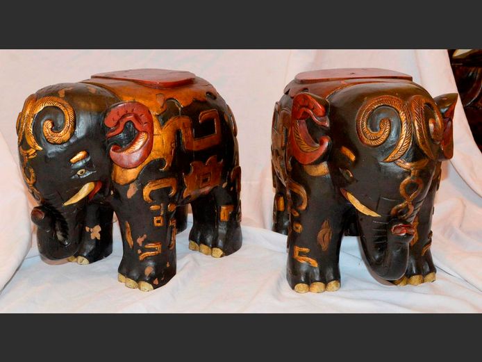 PAIR ANTIQUE CARVED, HAND PAINTED & LACQUERED INDIAN ELEPHANT OCCASIONAL TABLES, 42 x 29 x 35cm