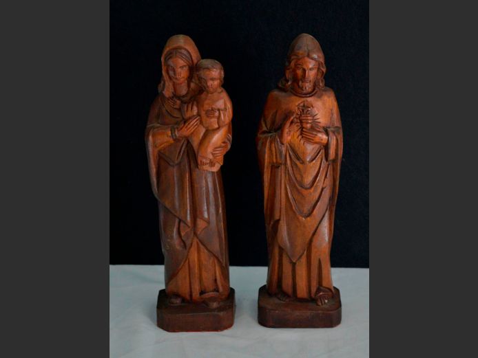 PAIR CARVED FIGURINES: BABY JESUS, MARY & JOSEPH, 31cm High