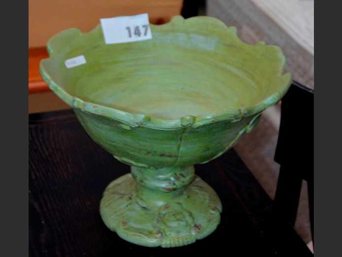GREEN PAINTED CERAMIC FOOTED BOWL, 32cm Diameter x 23cm High