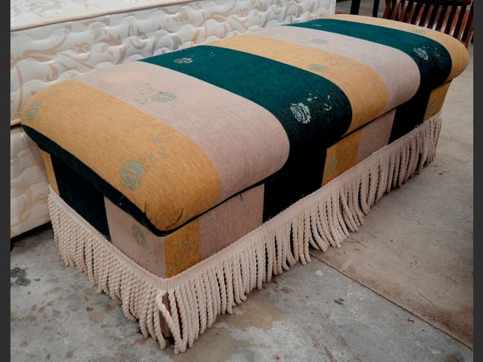 BEIGE & GREEN STRIPED UPHOLSTERED OTTOMAN, 130 x 55 x 13cm