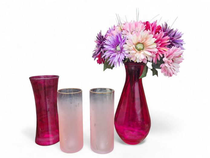 Collection of Pink Glass Vases with Flowers