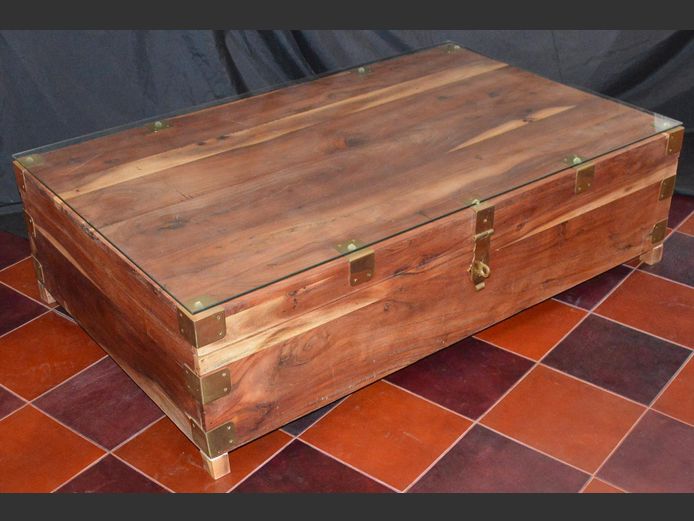 RHODESIAN TEAK STORAGE COFFEE TABLE WITH BRASS DETAIL & GLASS TOP, 130 x 80 x 36cm