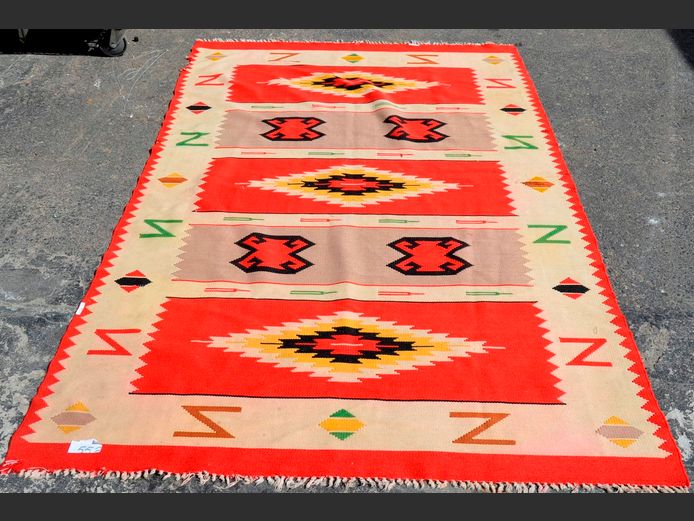 RED, BEIGE & BLACK KELIM CARPET, 225 x 145cm
