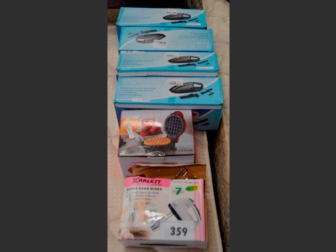 LOT: 4 x PORTABLE VACUUM CLEANERS, HAND MIXER, MINI WAFFLE MAKER & A RECHARGEABLE FAN [Untested]