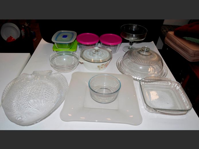 GLASS CAKE PLATE WITH DOME, FISH PLATE, PYREX GLASS BOWLS WITH LIDS, etc