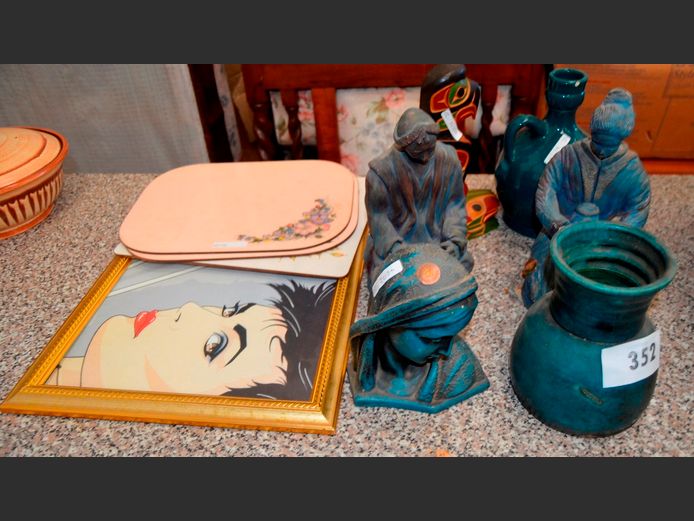 GYPSUM PAINTED FIGURINES, CERAMIC VASE, FRAMED PRINT, etc