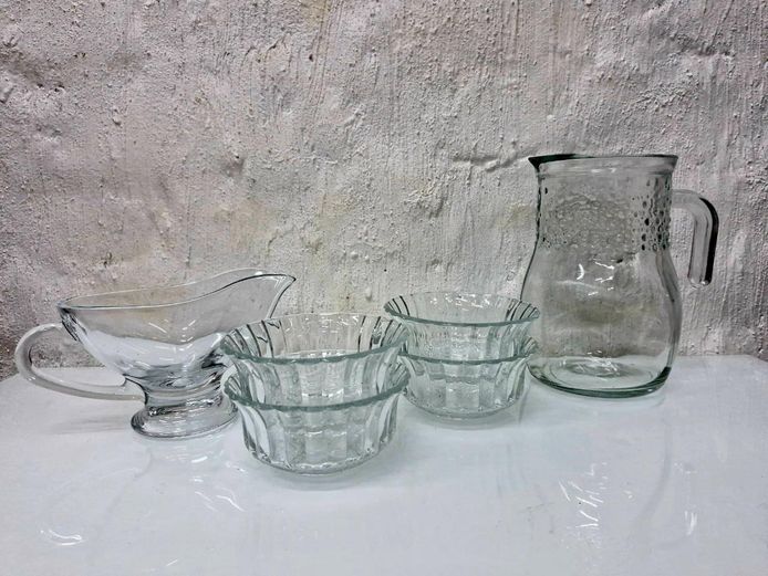 Clear Glass Serveware Set: Pitcher, Gravy Boat & 4 Fluted Bowls