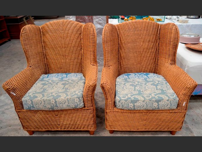 PAIR WICKER WINGBACK ARMCHAIRS WITH CUSHIONS