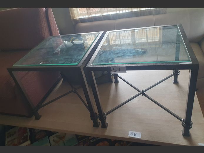 PAIR METAL & GLASS TOP SIDE TABLES, 50 x50 x 46cm