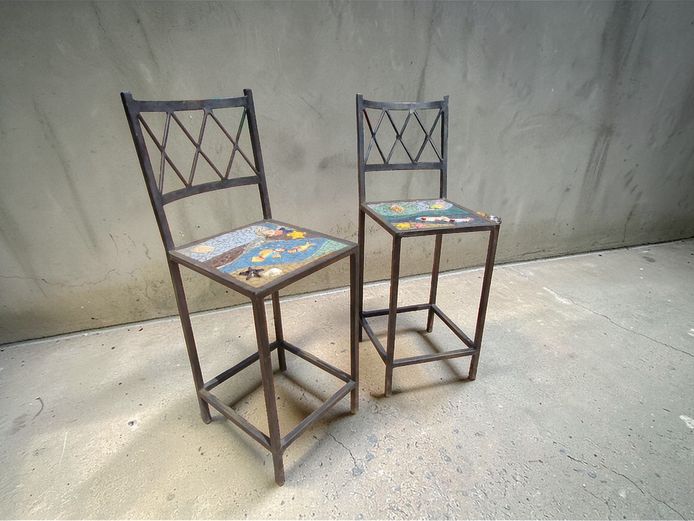 Whimsical Mosaic Inset Metal Iron Bar Stools - Pair