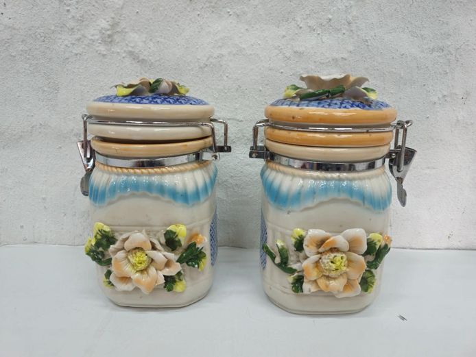 Pair of Vintage Hand-Painted Relief Majolica-Style Ceramic Bail-Lid Canisters