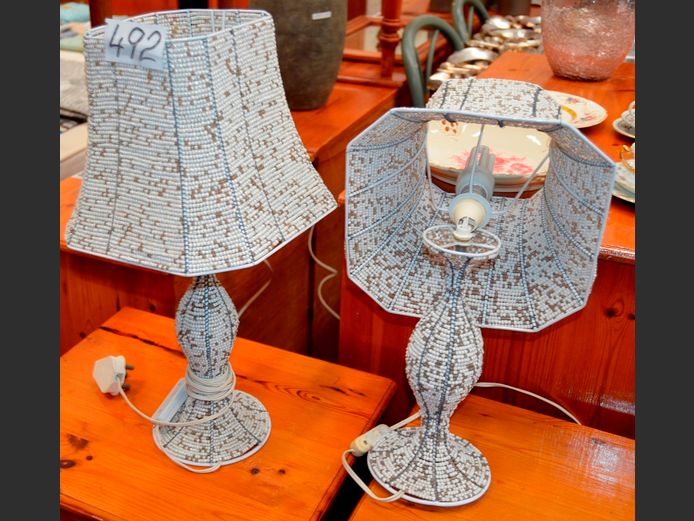 PAIR BEADED LAMPS WITH SHADES, 48cm High [1 Lamp in need of repairs]