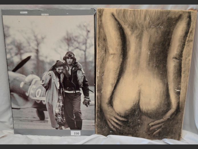 FRAMED PLASTER OF PARIS ON CANVAS "NUDE" & A BLOCK FRAMED POSTER