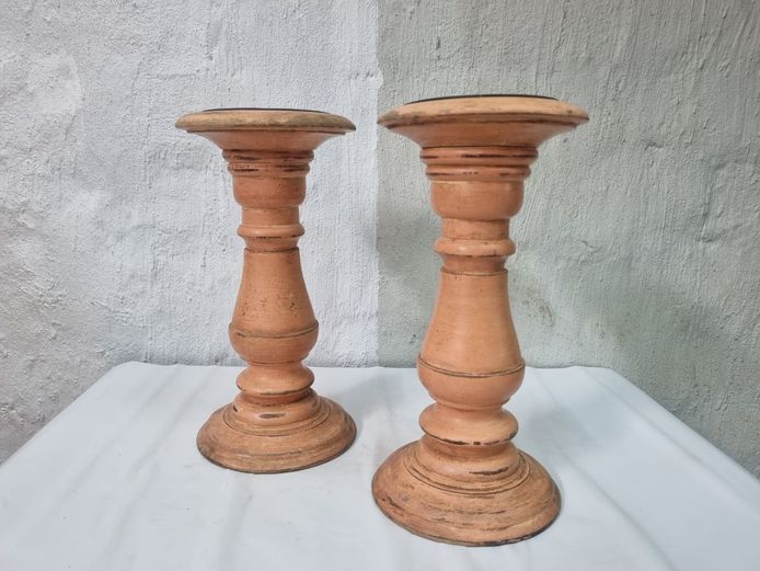 Pair of Rustic Turned Wooden Candlestick Holders