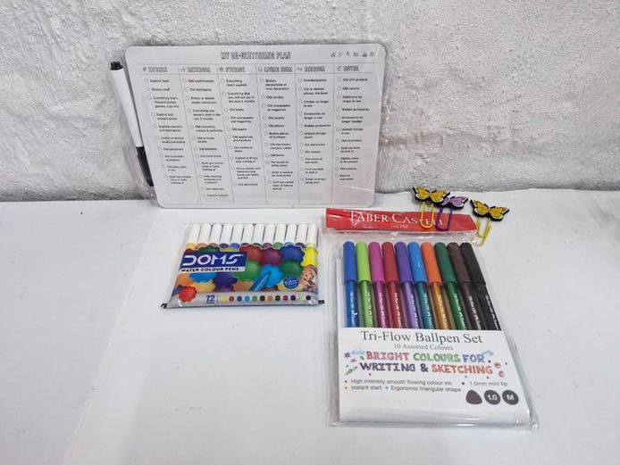 Stationery Bundle: Faber-Castell Pens, Water Color Pens, Plan Board & Butterfly Clips