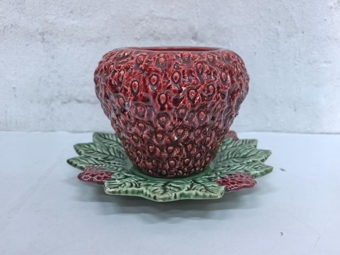 Vintage Portuguese Majolica Strawberry Jam Pot with Underplate