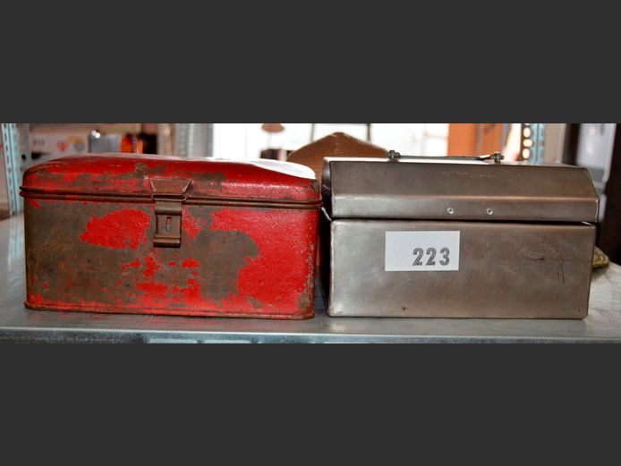 VINTAGE RED TOOLBOX & A STAINLESS STEEL TOOLBOX
