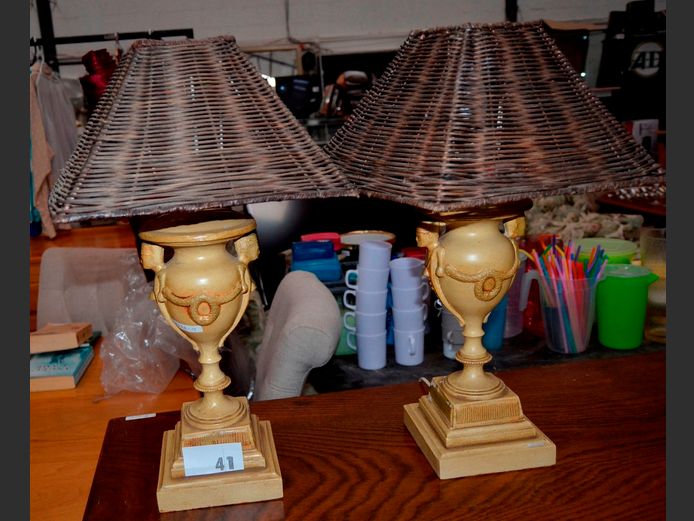 PAIR TABLE LAMPS WITH WICKER SHADES, 53cm High