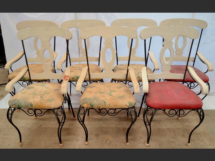 SET OF 7 WROUGHT IRON ARMCHAIRS WITH UPHOLSTERED SEATS [Need a clean]