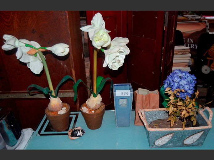 BLUE GLAZED POTTERY VASE, EVERLASTING FLOWERS, etc