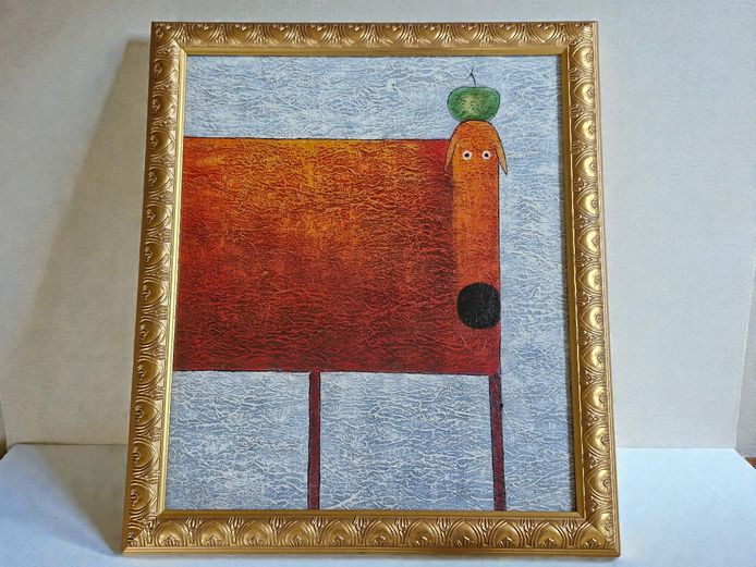 Textured Whimsical Abstract Spotted Dog Painting Framed