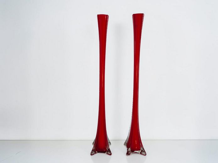 Mid-Century Modern Style Tall Red Glass Trumpet Vases