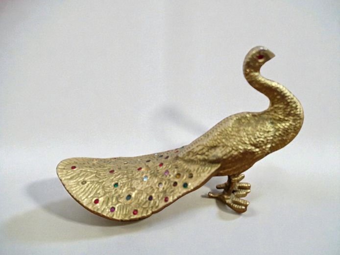 Vintage Brass Be-Jewelled Peacock Figurine