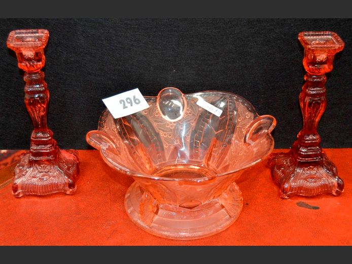 ART DECO PRESSED GLASS FRUIT BOWL, 27cm Diameter x 13cm High, & PAIR VINTAGE PINK GLASS CANDLESTICKS, 23cm High