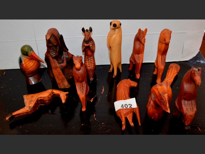 CARVED BIRDS, MEERKAT, RHINO, etc