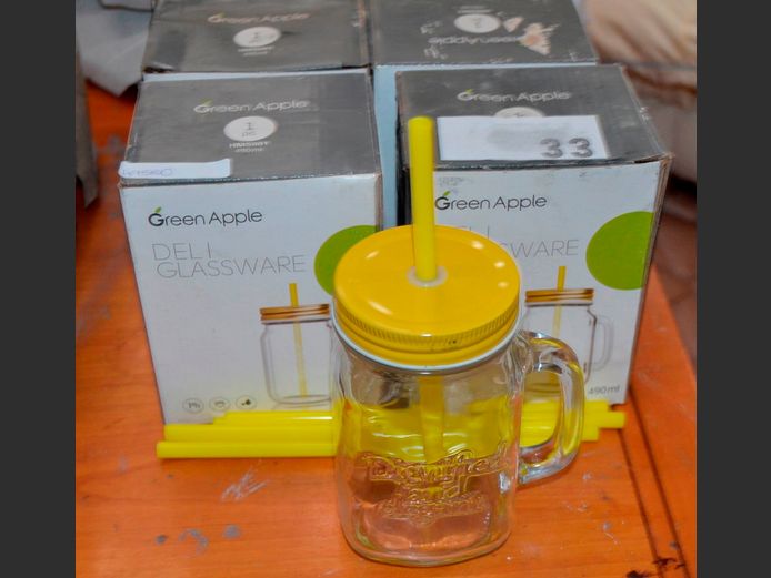 SET OF 6 GREEN APPLE GLASS JARS WITH STRAWS