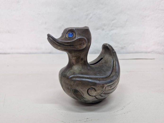 Silver-Tone Metal Duck Piggy Bank With Blue Glass Eyes