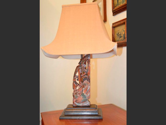 INDONESIAN CARVED & PAINTED TABLE LAMP WITH SHADE, 67cm High